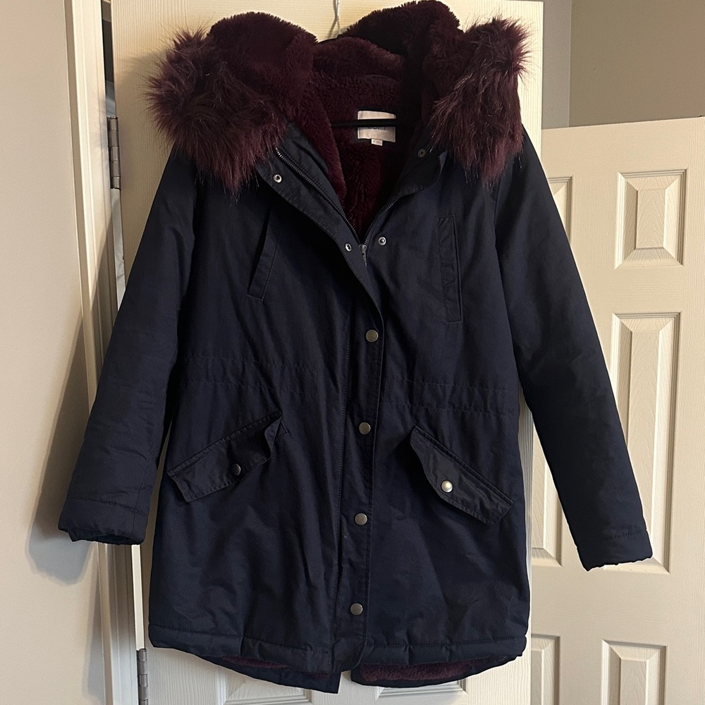 LOFT navy Coat with Burgundy Faux Fur Hood